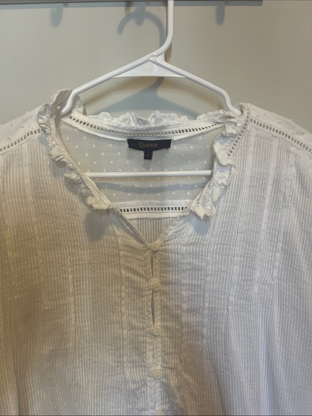 Quince Cream Textured Button-Front Blouse with Ruffle Neck